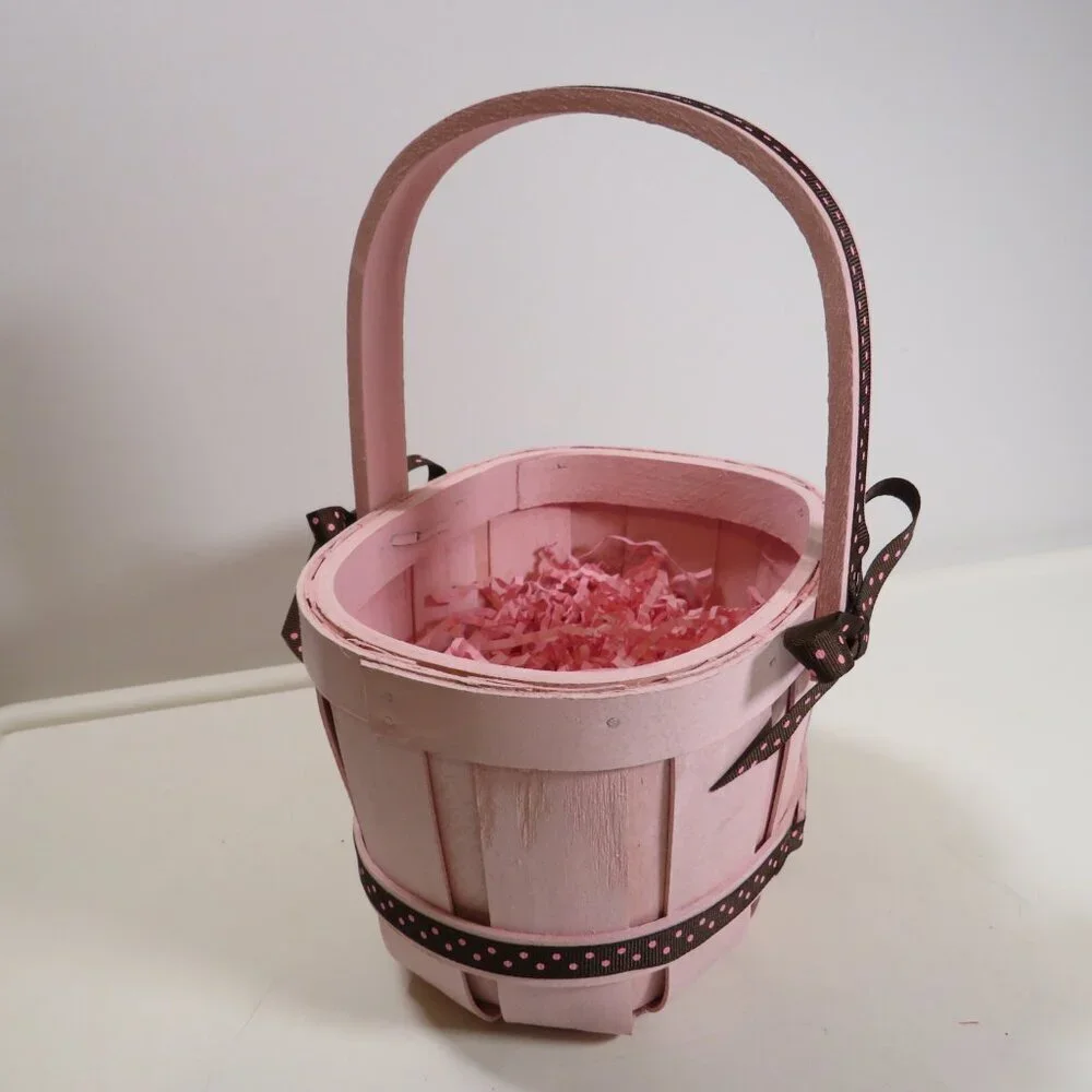 all wood basket pink with brown polka dot ribbon Berry Basket Easter Pastel